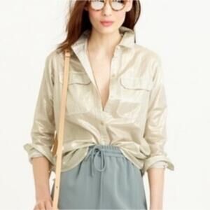 J.Crew gold shimmer button down cropped long sleeve blouse womens 8 lightweight